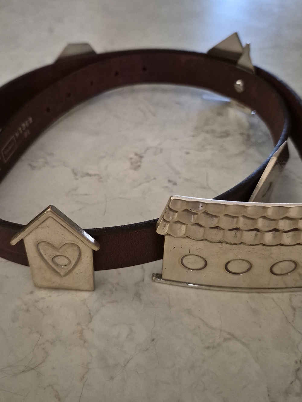 Navasota Rare Silver Houses Charm Brown Leather XL Belt